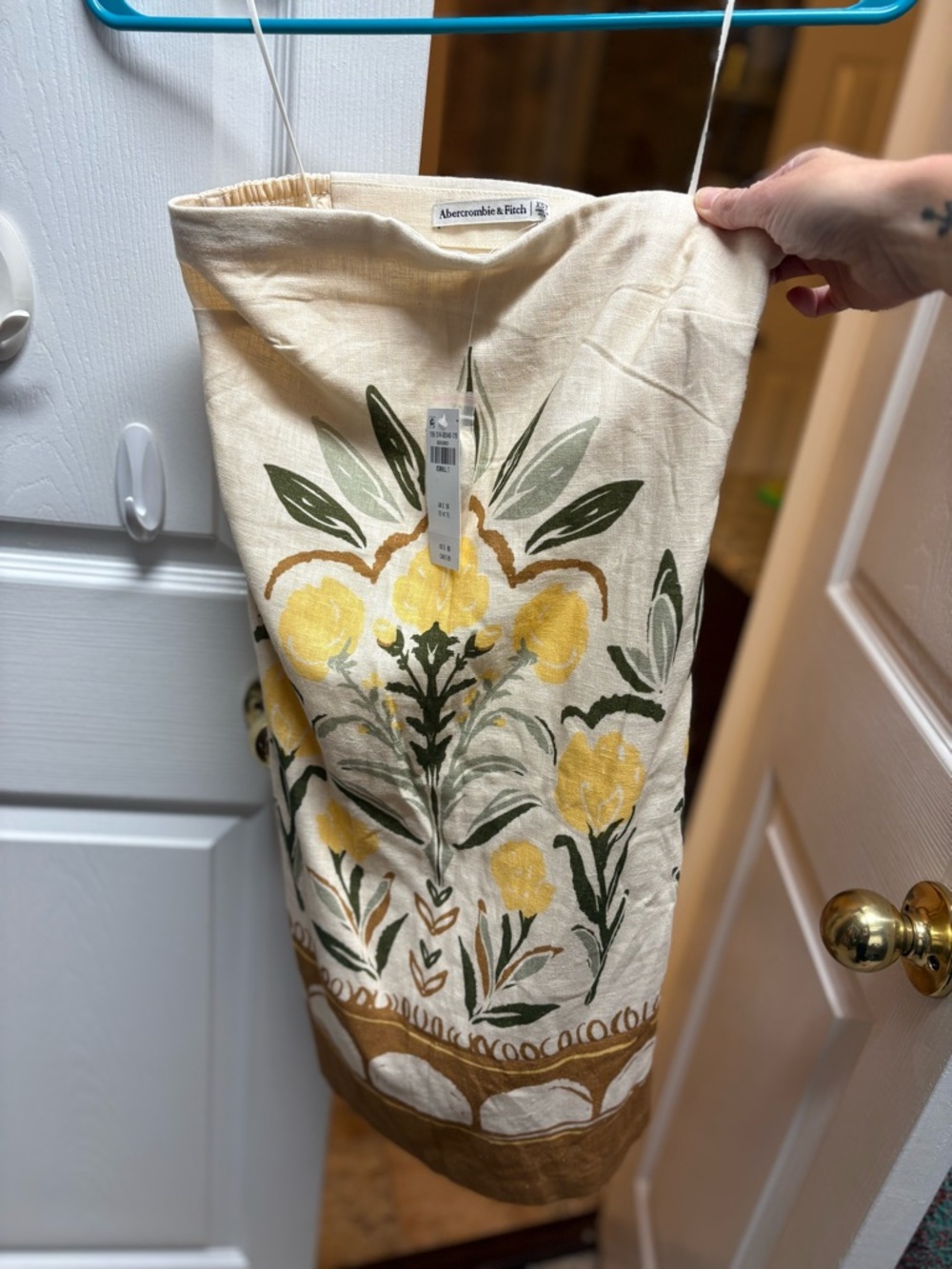 A&F Cream Linen dress with linen shorts under with Yellow & Olive Floral Print
